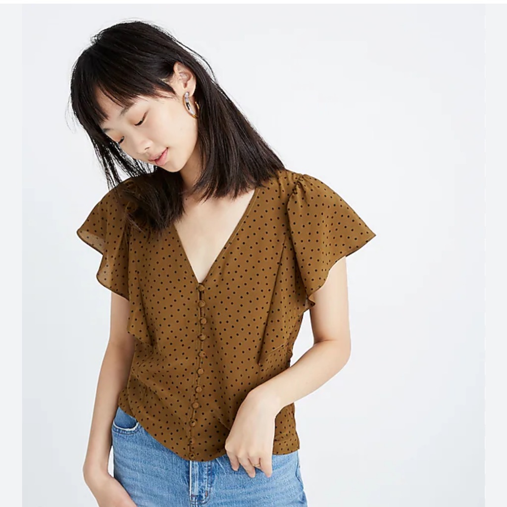 Madewell Silk Carmelina Flutter-Sleeve Top In Polka Dot